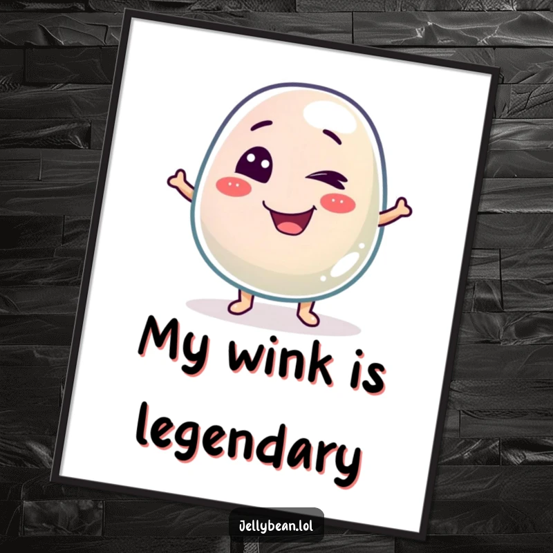 Funny digital art print of a mischievous jelly bean character winking playfully, offering an instant download of humor and charm.