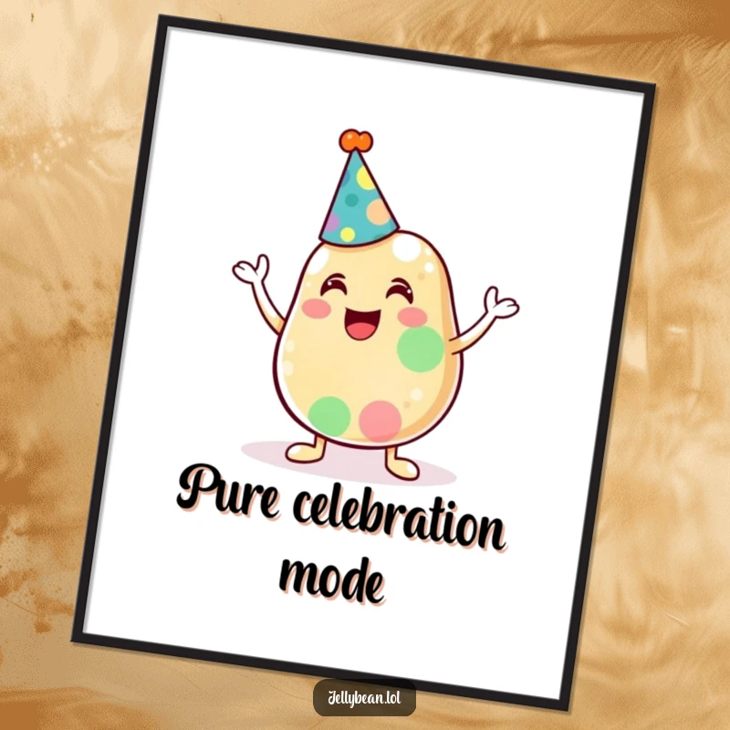 Funny digital art print of an anthropomorphic jelly bean character in a party hat, captured in a moment of pure glee.