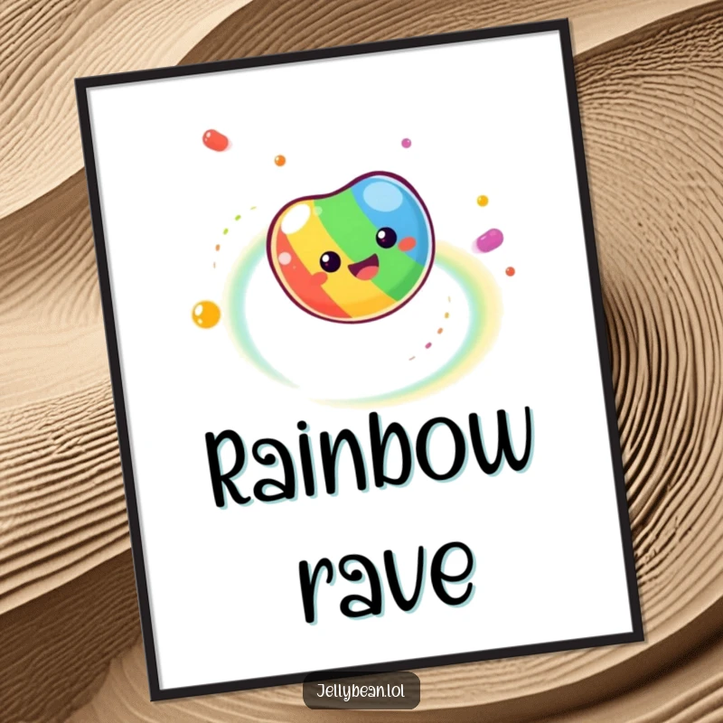 Funny Digital Art Print of a dizzy jelly bean spinning, leaving a spectacular trail of rainbow colors, for instant vibrant decor.