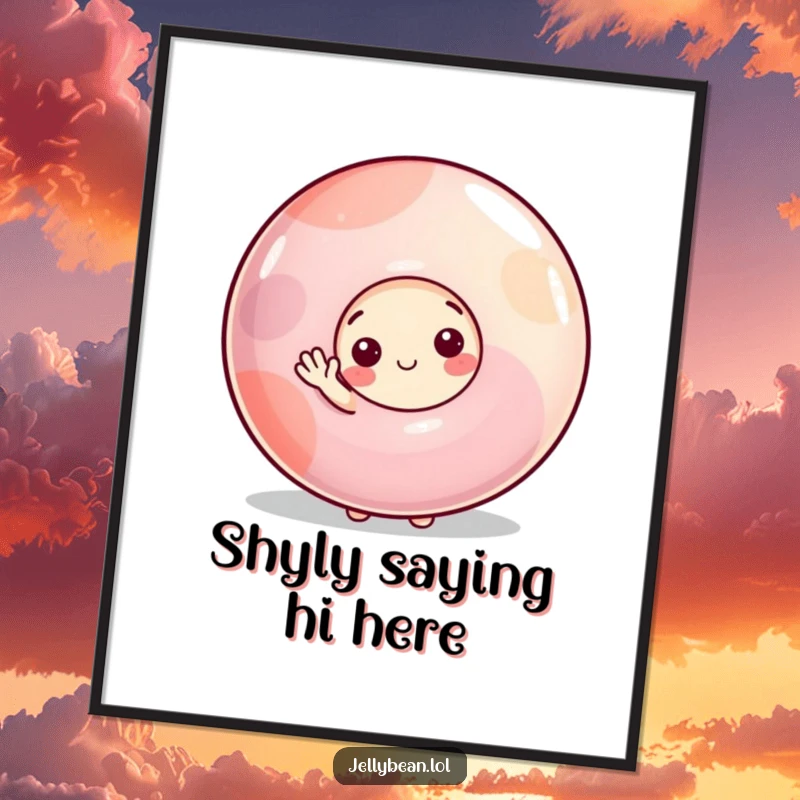 Funny digital art print of a shy jelly bean character peeking from behind a large gumdrop, offering a small, timid wave with endearing shyness.