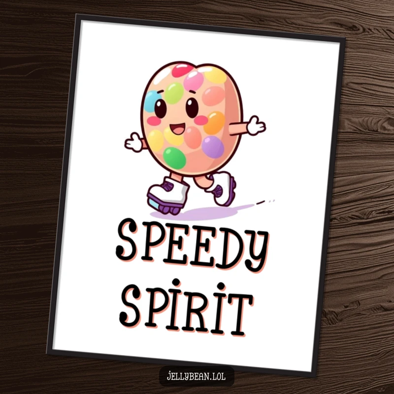 Funny jelly bean character wearing roller skates and zooming playfully, captured in a high-resolution digital art print.
