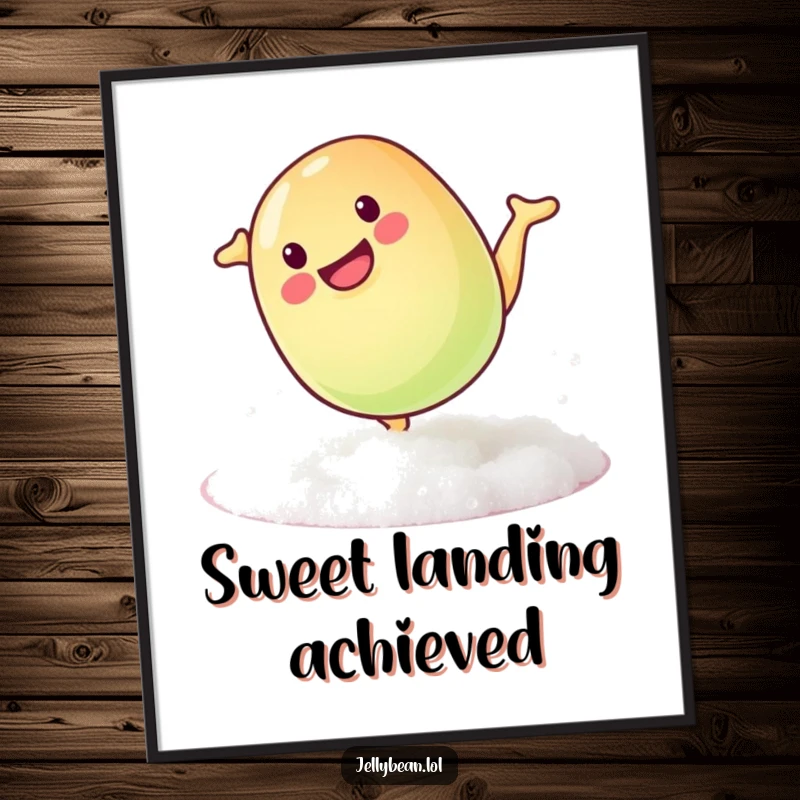 Funny digital art print of a mischievous jelly bean doing a playful somersault on a sugary surface, conveying sweet fun.