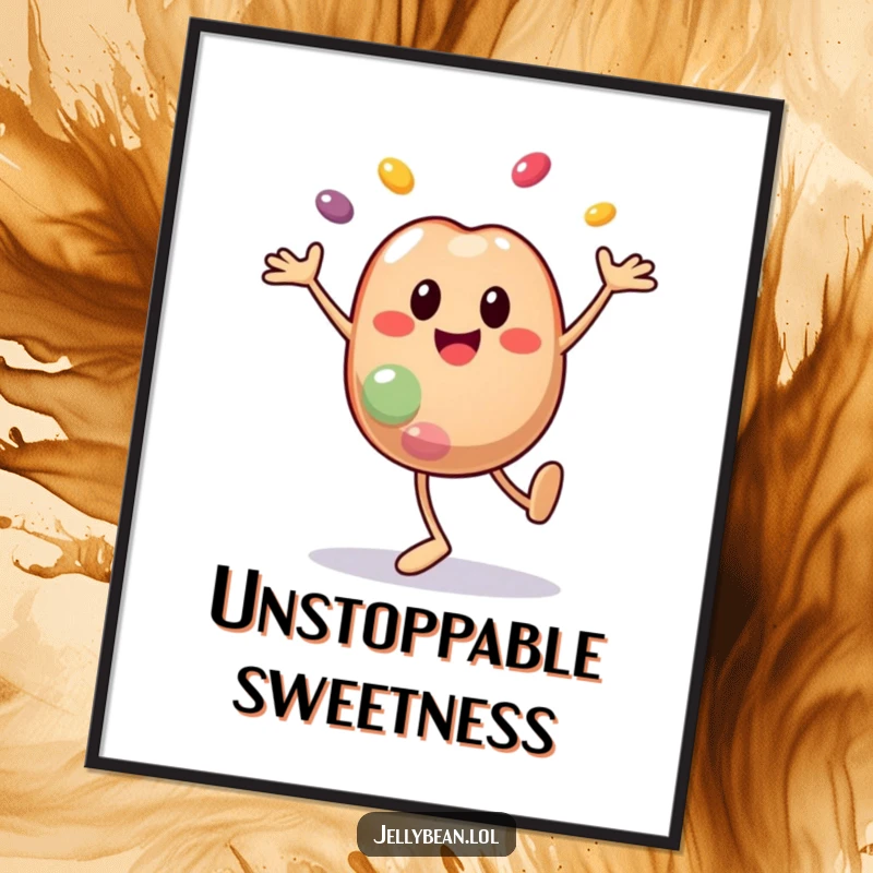 Funny digital art print of a smiley jelly bean character doing a cartwheel with segments flying off, capturing dynamic, funny energy. Ideal funny gift.