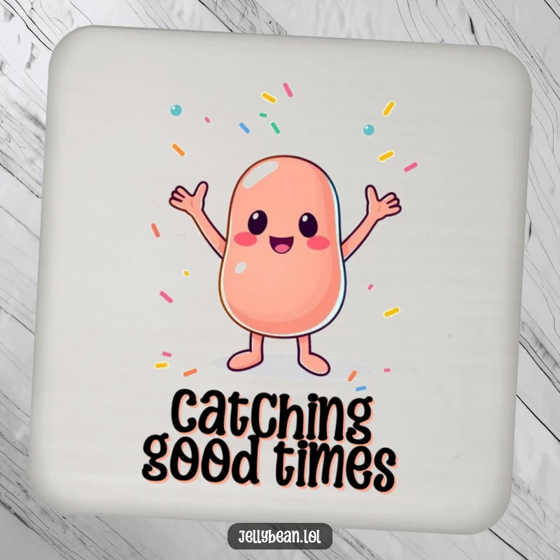 Funny drink coaster featuring a happy anthropomorphic jelly bean catching sprinkles, adding a humorous and decorative touch to any beverage setting.