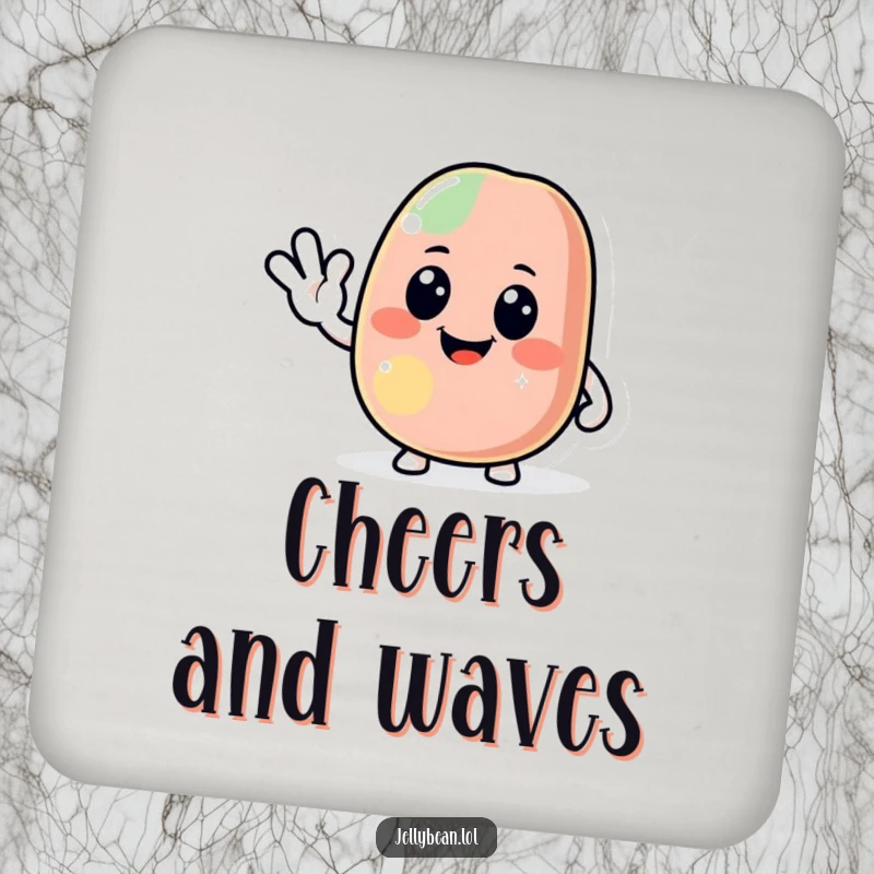 Funny jelly bean coasters featuring a jolly character giving a friendly wave, protecting surfaces with warmth and humor, a charming and practical funny gift set.