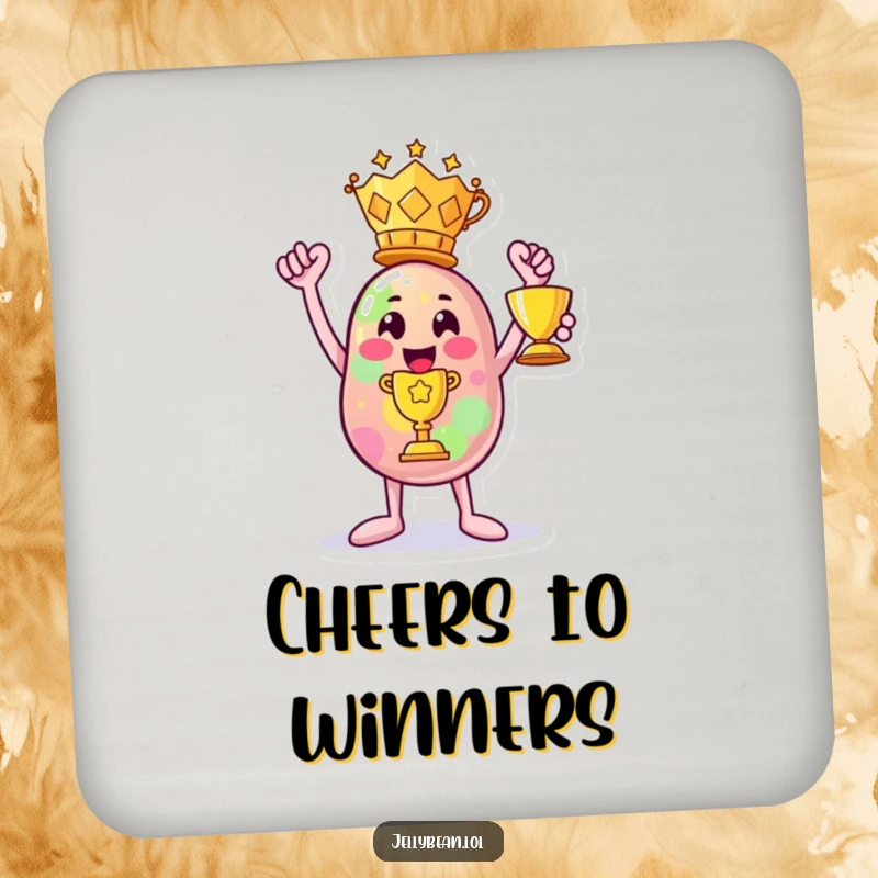 Funny coaster: A jelly bean character triumphantly holds a trophy, protecting surfaces with winning humor.