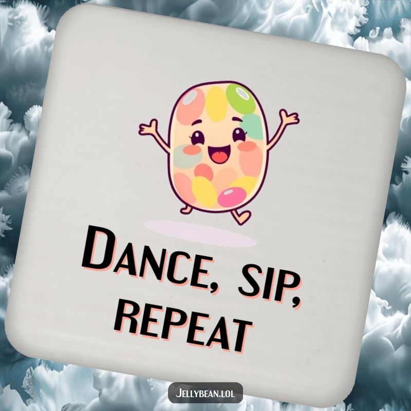 Funny Coaster: A happy jelly bean character dances energetically, protecting surfaces with playful charm.