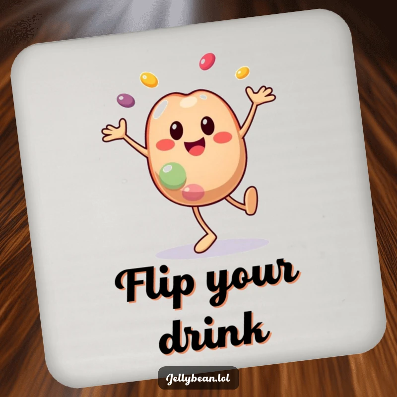 Funny drink coaster featuring a smiley jelly bean character doing a cartwheel with segments flying off, adding dynamic, funny charm to any table. A practical funny gift.