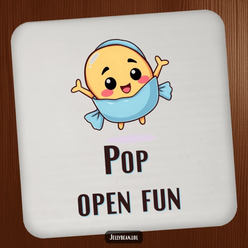 Funny drink coasters featuring a jelly bean with a funny face jumping out of a candy wrapper, protecting surfaces.