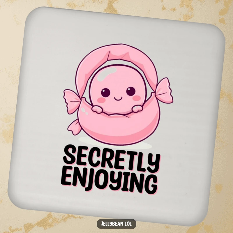 A set of coasters featuring a funny jelly bean character peeking from behind a giant candy wrapper, adding sweet humor to drinks.