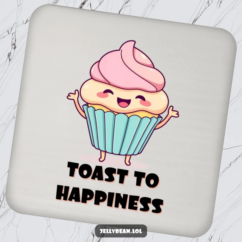 Funny drink coaster featuring a happy cupcake character wiggling with excitement, adding humor and surface protection with a sweet touch.