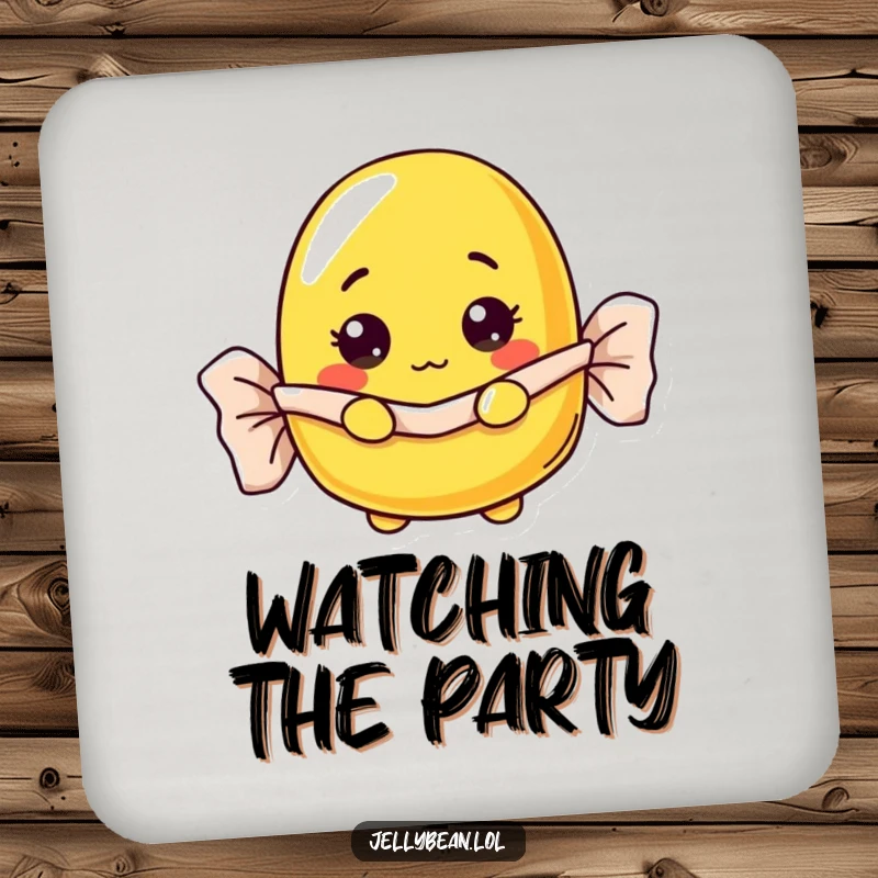 Funny curious yellow jelly bean coaster peeking from a wrapper, a charming and funny gift.