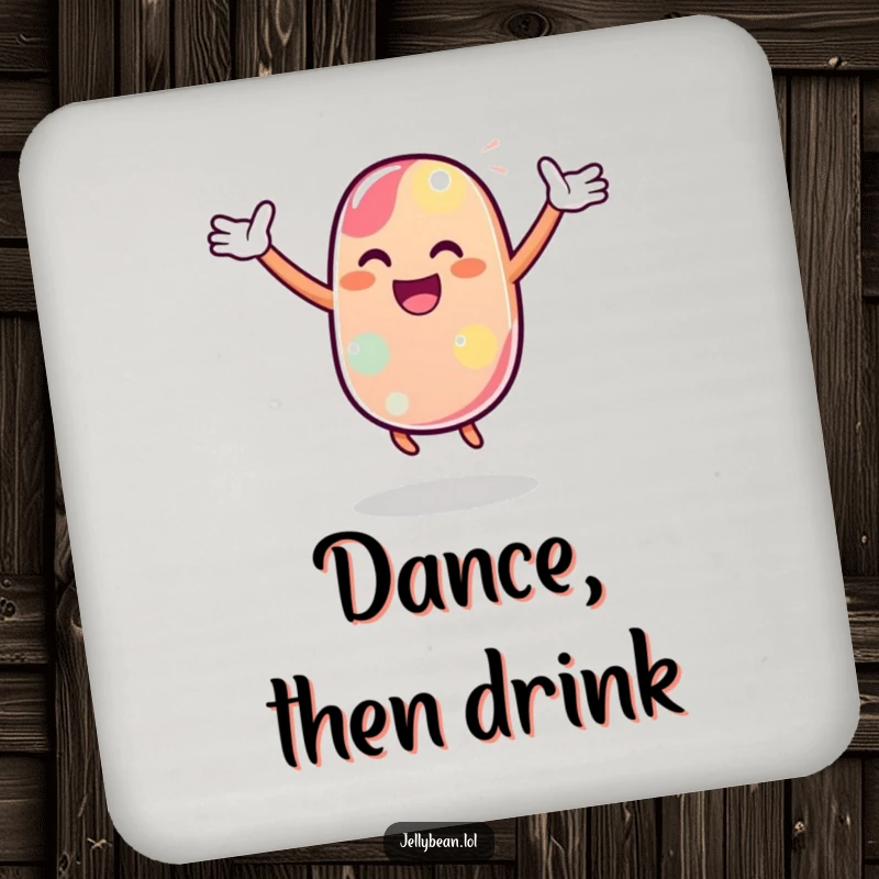Funny Coaster featuring a jelly bean character in a joyful dance pose, adding a festive touch to surfaces.