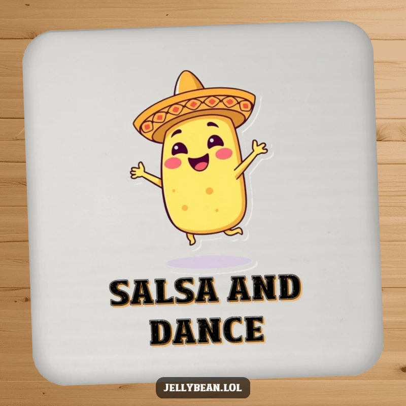 Funny drink coaster featuring a smiling taco character in a tiny sombrero, dancing energetically, adding humor and surface protection.