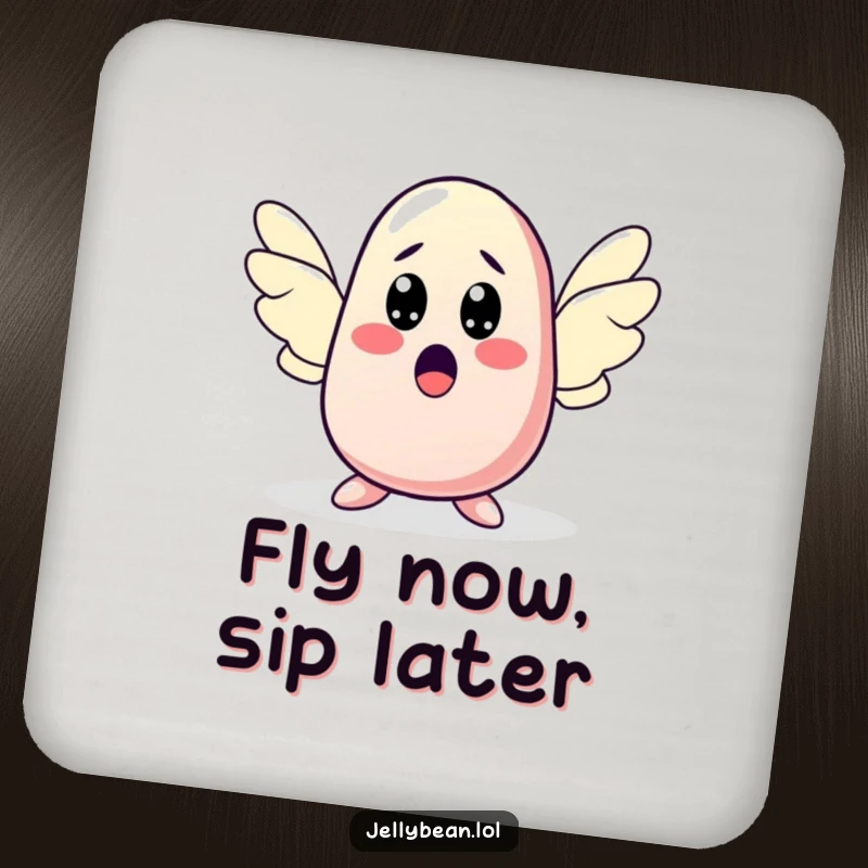 Funny drink coaster featuring a jelly bean character sprouting wings with a surprised expression, adding whimsical, funny charm to any table. A practical funny gift.