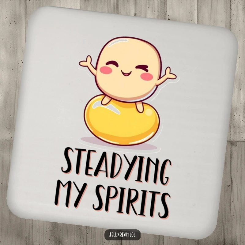 Funny drink coasters featuring a winking jelly bean character balancing on another jelly bean, protecting surfaces humorously.