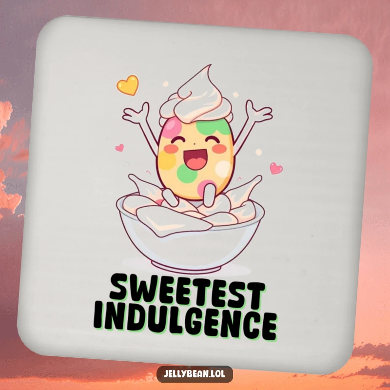 Funny drink coaster with a jelly bean character leaping into whipped cream with delighted abandon, perfect for tabletops.