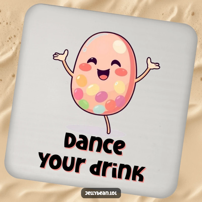 Funny Jelly Bean Coaster depicting a cheerful character in a lively happy dance, adding a splash of humor to any surface.
