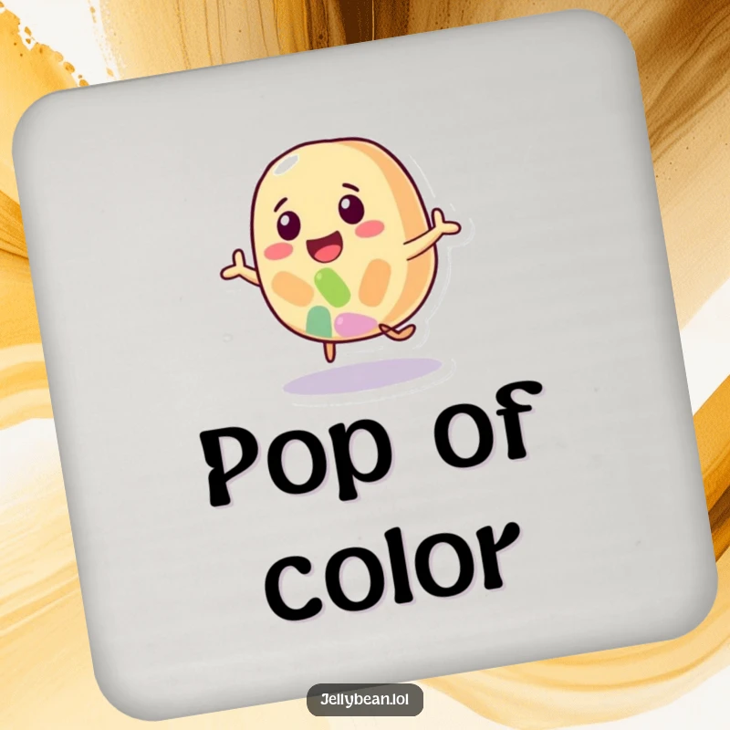 Funny drink coaster with a happy jelly bean character in a lively bounce, protecting surfaces with sweet, playful charm.
