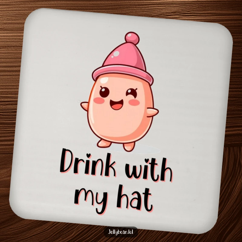 Funny Coaster: A jelly bean character proudly wears a hat made from another jelly bean, adding a touch of adorable and humorous flair.