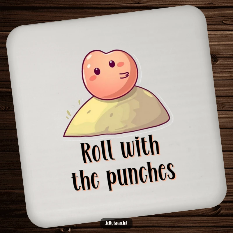Funny Coaster: Giggling jelly bean character rolling down a hill, adding sweet charm and surface protection.