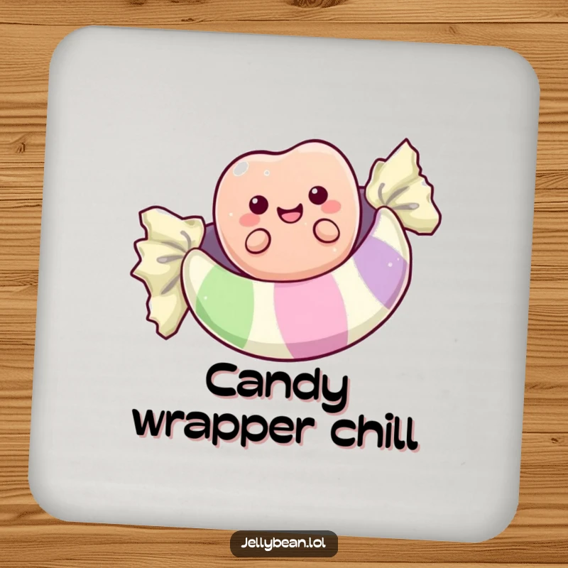 Funny drink coaster featuring a happy anthropomorphic jelly bean floating on a candy wrapper, adding a sweet and humorous touch to any drink.
