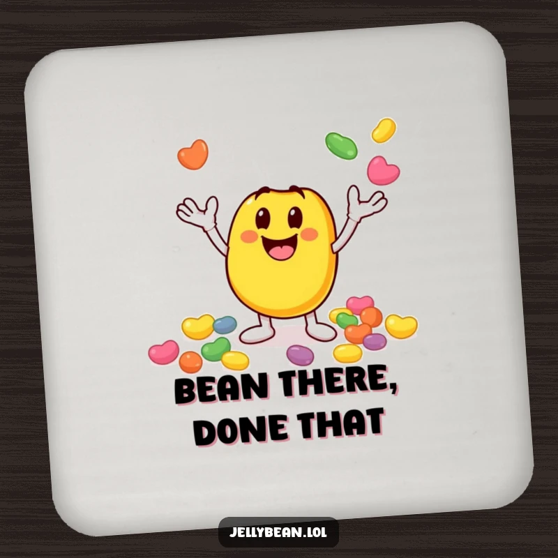Funny drink coaster featuring a smiley jelly bean character juggling smaller jelly beans, adding vibrant, funny energy to any table. A practical funny gift.