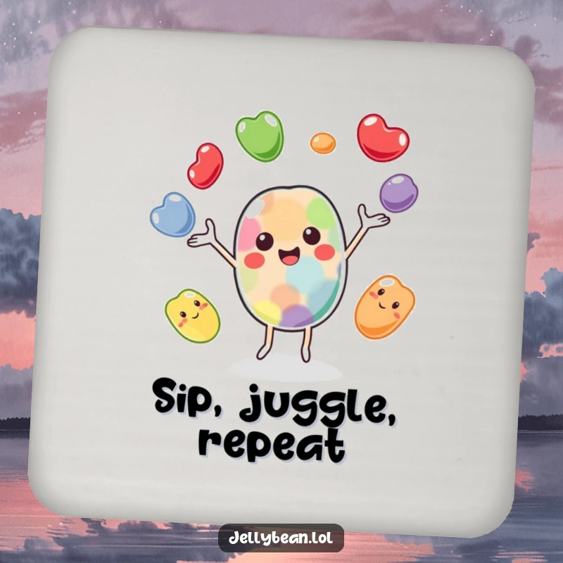 Funny drink coasters featuring a cheerful jelly bean character juggling playfully, protecting surfaces with a humorous and vibrant design.