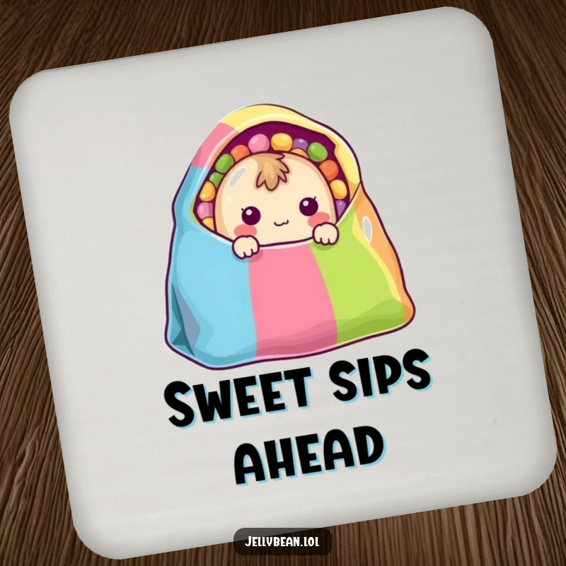 Funny Coaster: A shy jelly bean character peeks from a colorful bag, protecting surfaces with sweet charm.