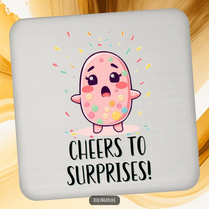 Funny drink coaster with a jelly bean character looking surprised as confetti falls, offering playful protection for surfaces.