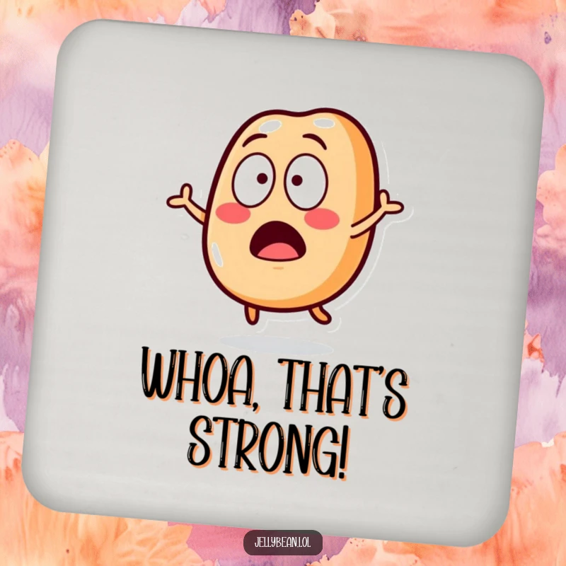 Funny Coaster featuring a jelly bean character in a surprised jump, adding a humorous touch to any surface.