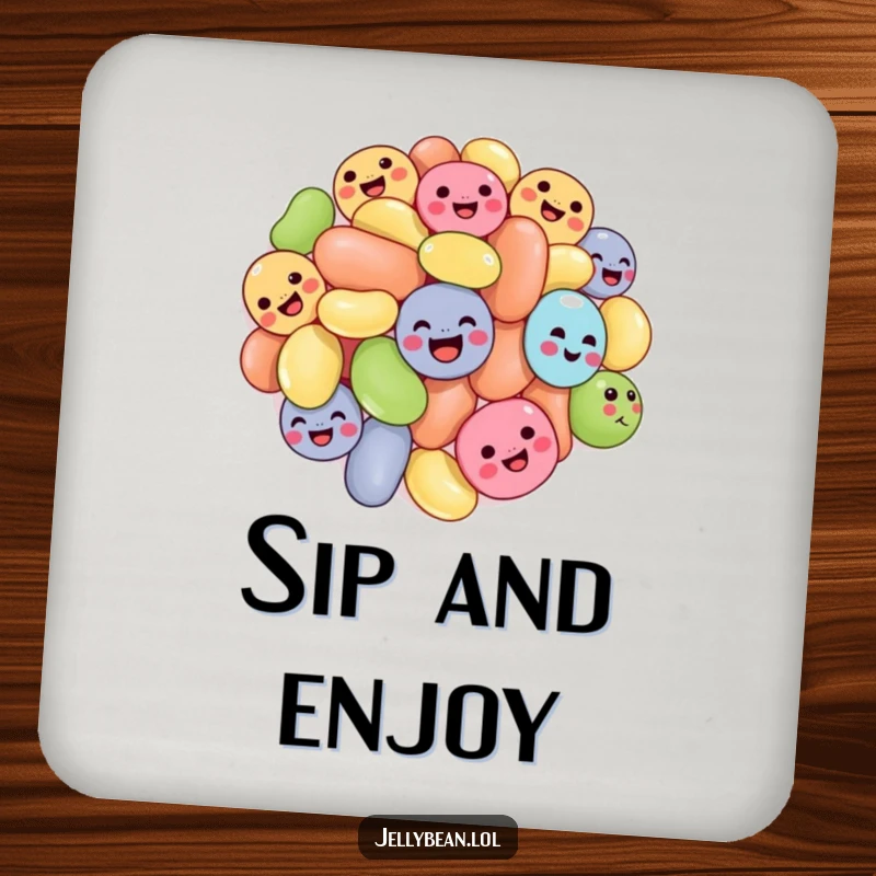 Funny tumbling jelly beans coasters showing a cluster of jelly beans with joyful expressions, tumbling, adding sweet and humorous charm to table protection.