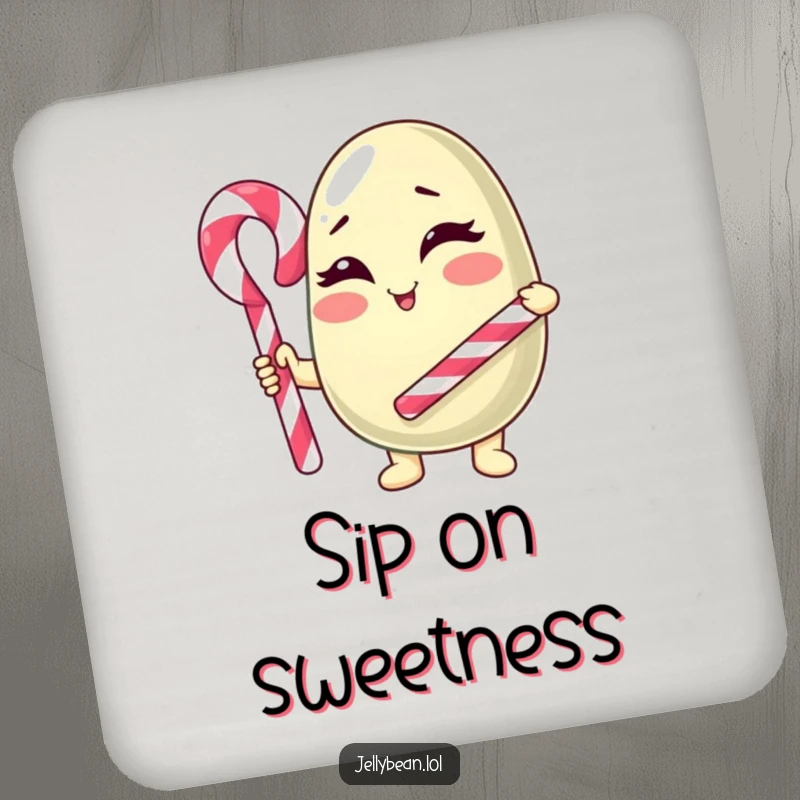 Funny Coaster: An anthropomorphic jelly bean character winks mischievously, holding a candy cane cane, protecting surfaces with charm.
