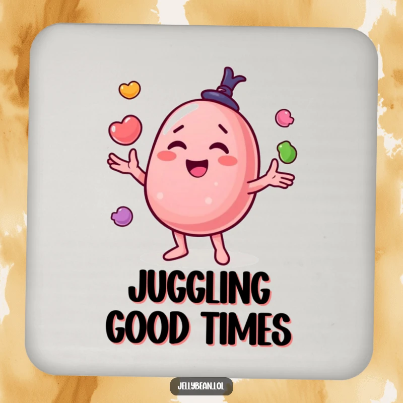 Funny drink coaster with a happy jelly bean character juggling candies, offering playful protection for surfaces.