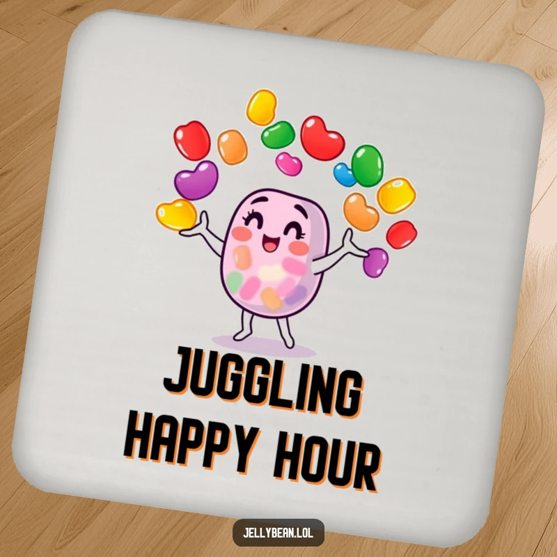 A set of coasters featuring a funny jelly bean character juggling multiple colorful jelly beans, adding a humorous touch to drink service.