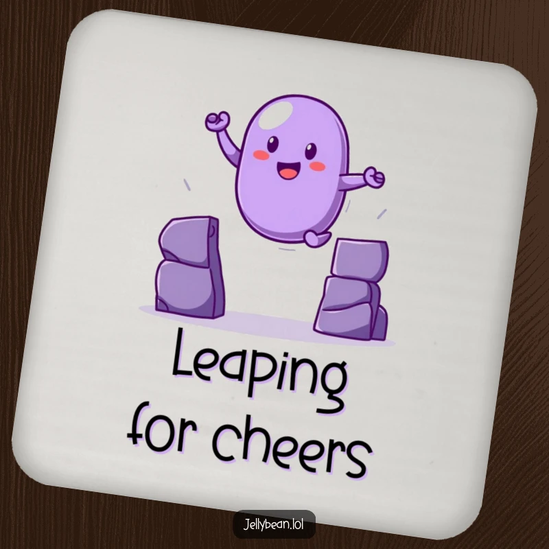 Funny purple jelly bean coaster in a heroic leap, a functional and funny gift.