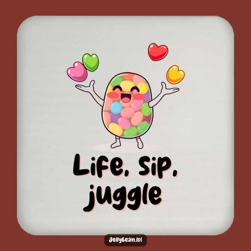 Funny Jelly Bean Juggler Coaster Set: Protect Tables with this Skilled Bean's Flair. A fun funny gift.