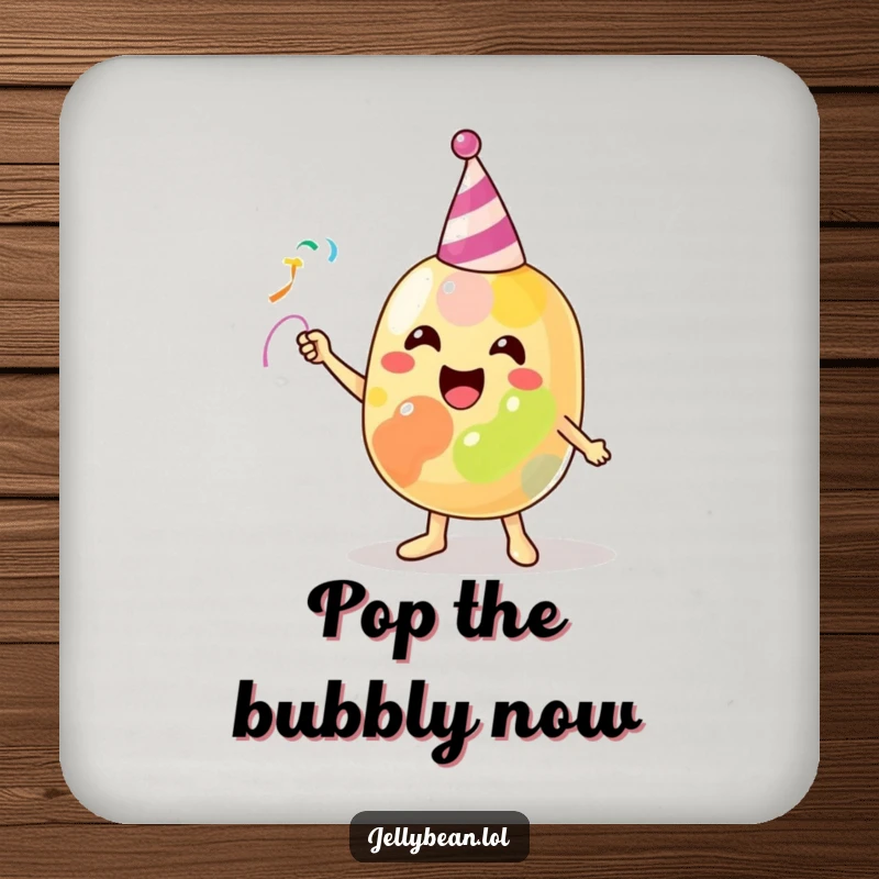 Funny Coaster with a beaming jelly bean character excitedly throwing a party streamer, adding a festive touch to drink protection.