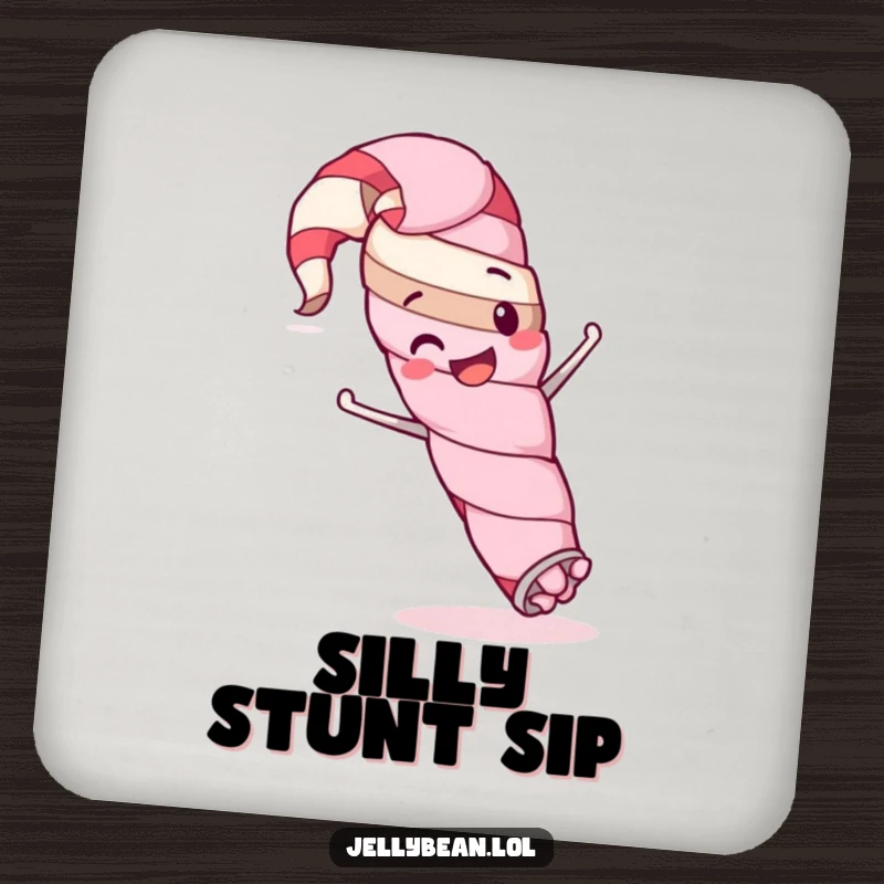 Funny drink coaster with a happy licorice whip character in a silly stunt, protecting surfaces with playful, mischievous style.