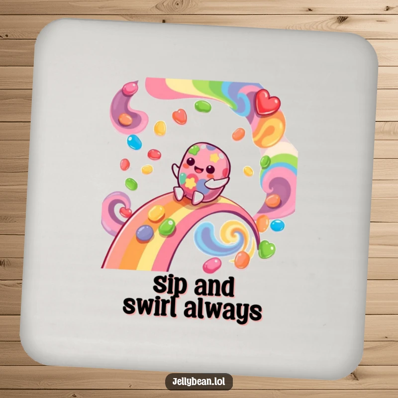 Funny Coaster featuring a giggling jelly bean character sliding down a rainbow of swirling flavors, adding a vibrant touch to drink protection.