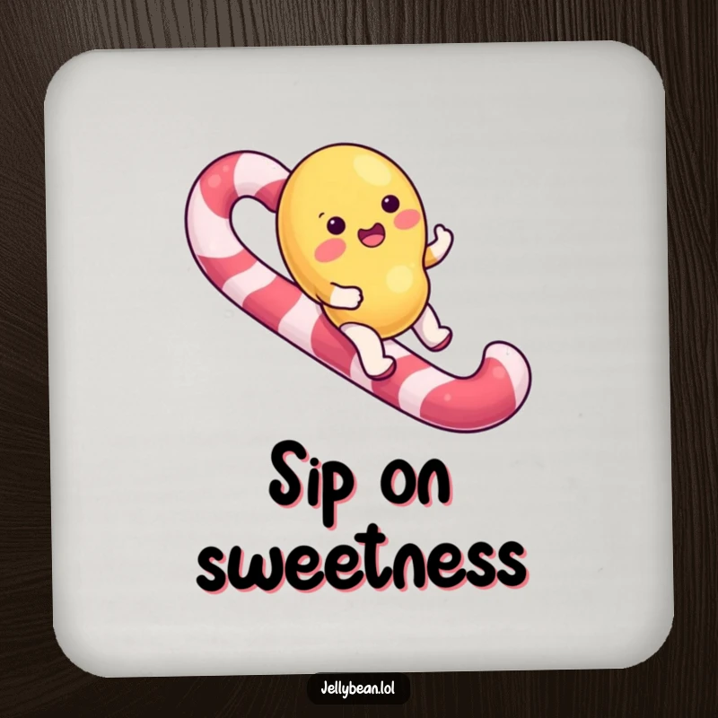 Funny Coaster featuring a jelly bean character joyfully riding a candy cane, adding a sweet touch to surfaces.