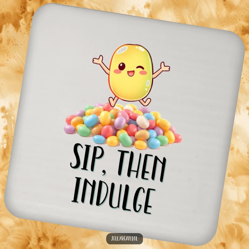 Funny coaster featuring an anthropomorphic jelly bean character diving headfirst into a delectable pile of assorted candies.