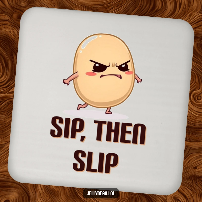 Funny jelly bean coaster featuring a grumpy character cracking a mischievous grin while tripping over its own feet.