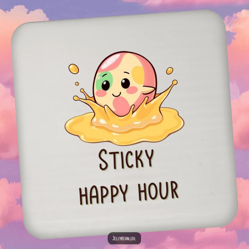 Funny Coaster: A jelly bean character joyfully splashes in syrup, offering stylish and humorous protection for tabletops.