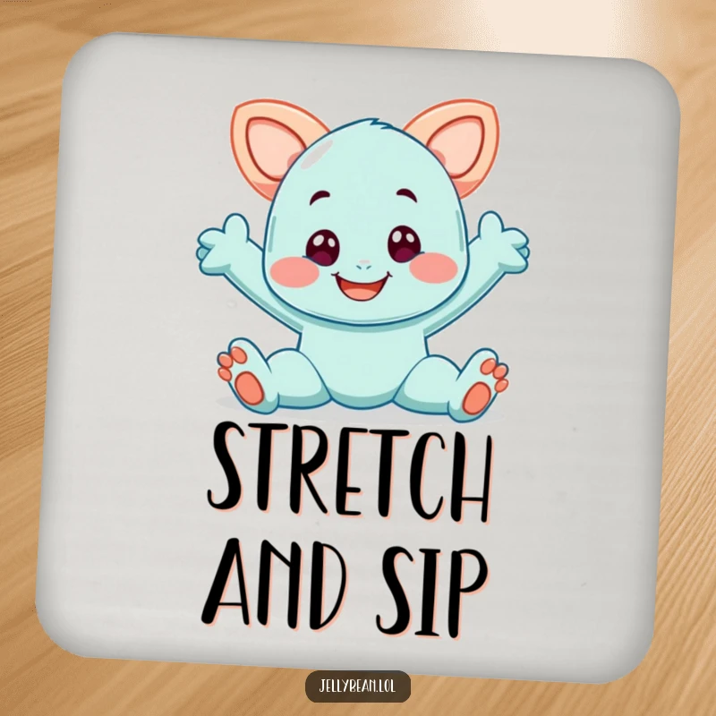 Funny drink coaster with a smiling taffy character in a playful stretch, protecting surfaces with flexible, cheerful style.