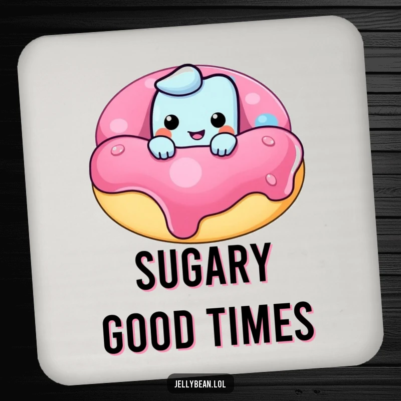 Funny drink coasters featuring a mischievous jelly bean character peeking over a giant donut, protecting surfaces with playful charm.