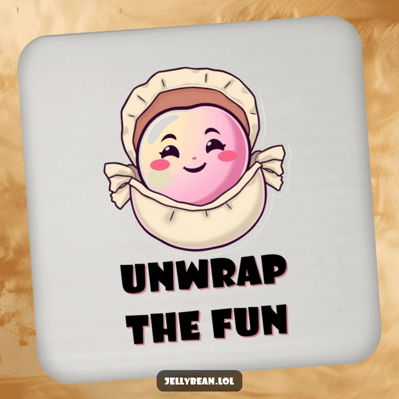 Funny Coaster shows a happy jelly bean with a mischievous grin, hiding inside a small candy wrapper, adding a humorous touch.