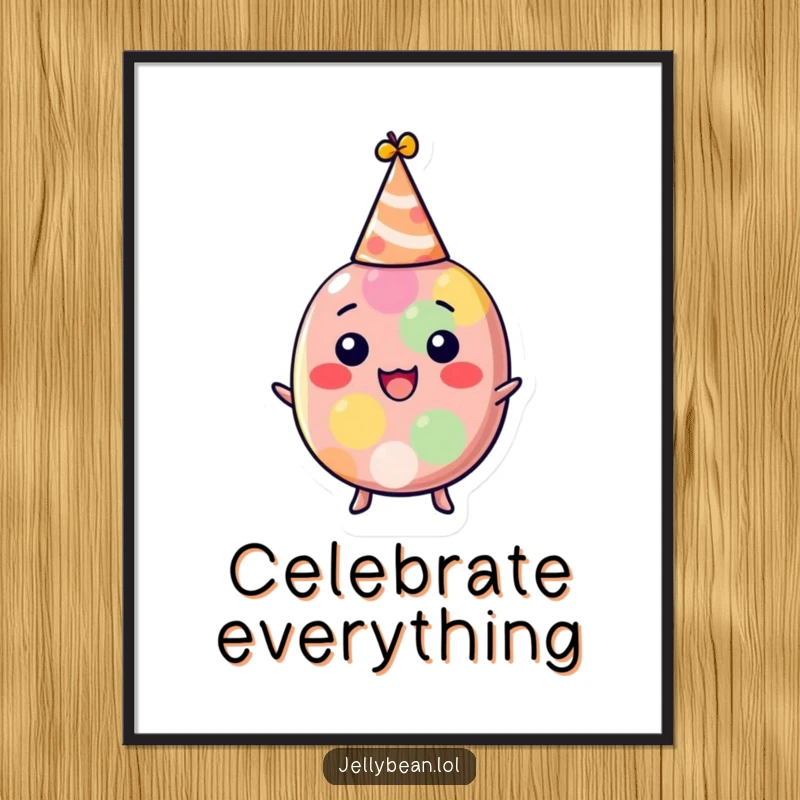 Funny jelly bean poster of a delighted character wearing a party hat, celebrating joyfully, bringing cheer to any space, a humorous decorative piece.