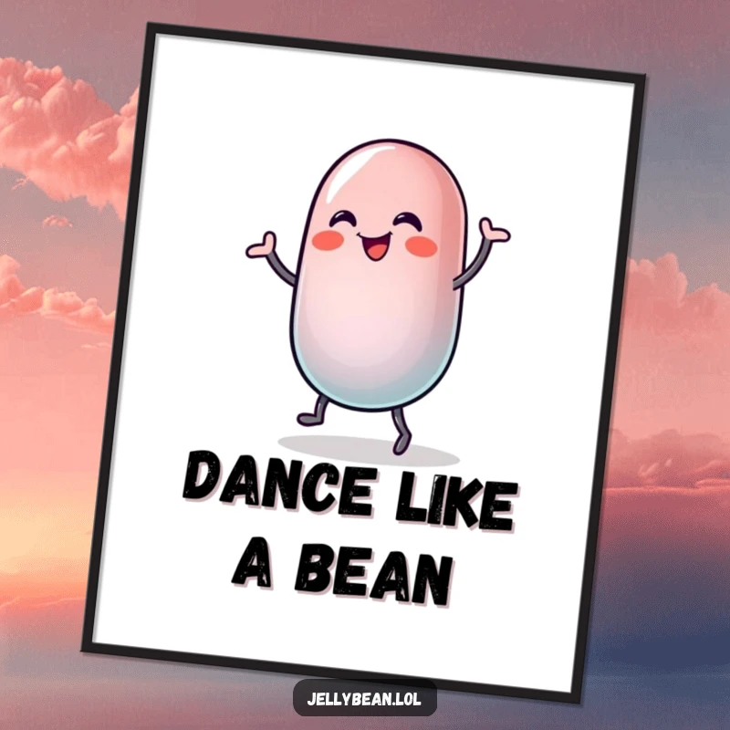 Funny poster of a jelly bean character performing a silly dance, its body delightfully wobbly with pure, happy energy.