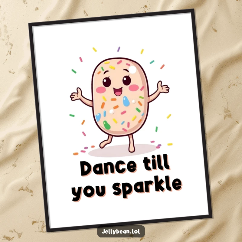 Funny Poster: A jelly bean character performs a silly, energetic dance, covered in rainbow sprinkles, creating a visually fun and humorous piece.